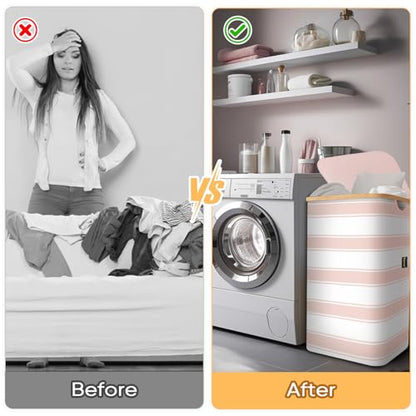 BALEINE Laundry Hamper with Lid, Tall Laundry Baskets with Bamboo Pull Handles, Large Laundry Bin with Internal Support (26 Gal/100L, Pink Stripe) - color: Pink Stripe, size: 100 liters