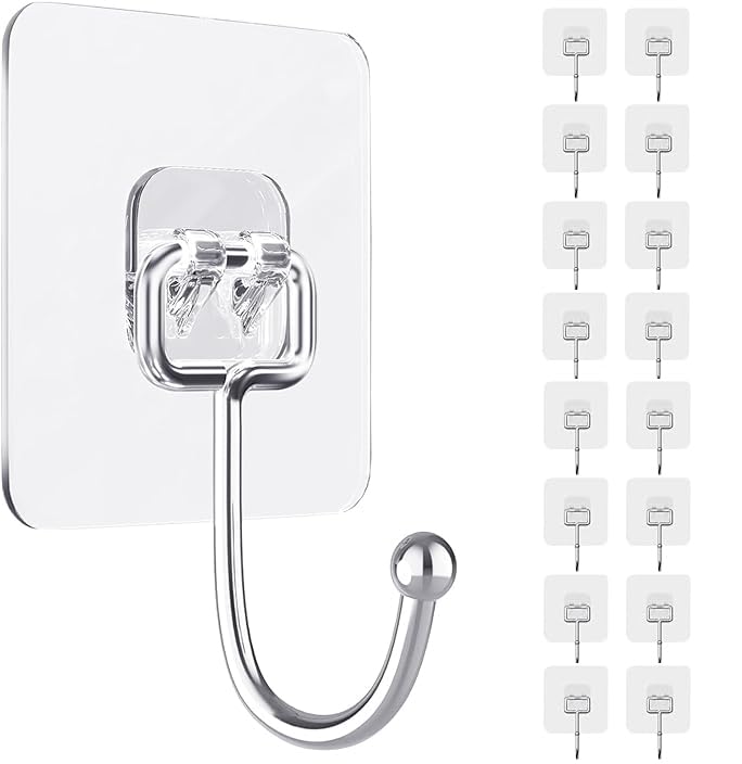 Adhesive Wall Hook, Set Heavy-Duty Thickened self-Adhesive Hook，16Pcs，44lb max Loading，Transparent, Waterproof, Bathroom, Outdoor, Kitchen, Doors, Practical Tools. - size: 2.8″*2.8″ 44lb max