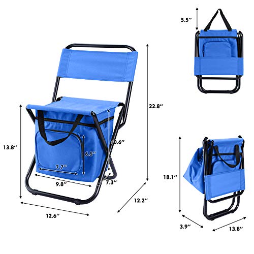 LEADALLWAY Fishing Chair with Cooler Bag Compact Fishing Stool Foldable Small Hunting Chair 12.2" Seat Depth,12.6" Seat Width - color: Blue