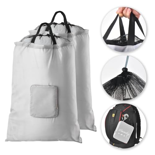 Travel Laundry Bags, 2Pcs JHX Foldable Dirty Clothes Bag 【Upgraded】 with Fixed Drawstring Net, Handles and Carabiner, Portable Laundry Bags for Travel, Fitness, and Students (Gray) 30"H x 21"W - color: Gray