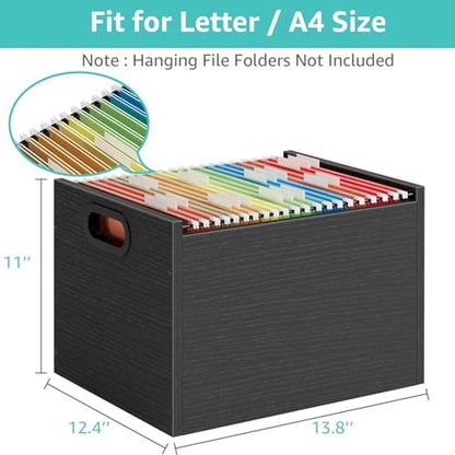 ROSONG Black Wood File Organizer Box - Filing Bin for Letter & A4 Size Wood Decorative Hanging File Folders Storage Crate with Handle, Sturdy Home Office Filing Cabinet System