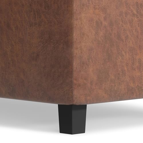 SIMPLIHOME Cosmopolitan Storage Ottoman - 34 inch Wide Upholstered Vegan Leather Rectangle Storage Ottoman Bench in Distressed Saddle Brown, Transitional Tufted Ottoman for Entryway with Lift-Up Lid - color: Distressed Saddle Brown