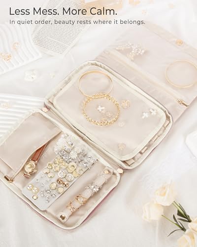 Marscamd Travel Jewelry Organizer Case for Women, Foldable Jewelry Bag for Earrings, Rings, Necklaces, Bracelets, Brooches, Pink - color: Pink
