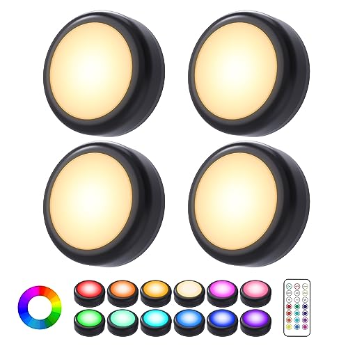 Cadrim Puck Lights, 4 Pack LED Puck Lamp Set, Battery Powered Under Cabinet Lighting, 13 Color Changing, 1 Wireless Remotes for Kitchen Closet Bedroom, Black - color: Black, size: 4packs