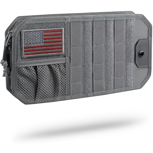WYNEX Molle Car Sun Visor Organizer, Car Accessories with Zip Storage Pouch & Glasses Holder, Semi-Rigid Molle Panel with Patch for Tactical Gears, Fits Most Cars, Trucks, Pickups, Patrols - color: Grey