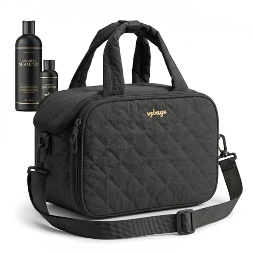 VPBAGE Large Quilted Toiletry Bag for Women, Puffy Travel Makeup Organizer with Removable Divider & Shoulder Strap, Waterproof Standing Cosmetic Case for Full-Size Toiletries, Gym, Vacation - color: Black