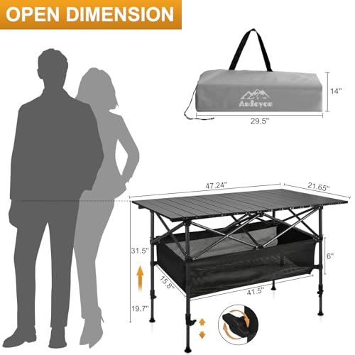 Folding Camping Table, Outdoor Roll-up Table Height Adjustable & Portable Metal Camp Grill Table for Picnic, BBQ, Party, Backyard, Beach, Mesh Storage and Carry Bag (Ash Black, 47.24'' X-Large) - size: 47.24'' X-Large