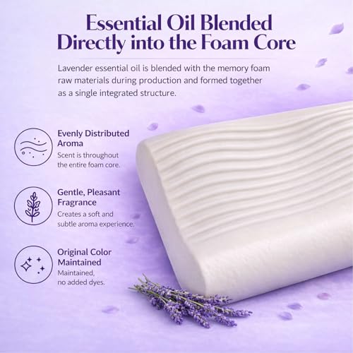 Lavender Contoured Memory Foam Pillow,White Gray, 3.9" | Designed for side & back sleepers; ergonomic cervical support; lavender-scented memory foam; breathable cover for cool sleep