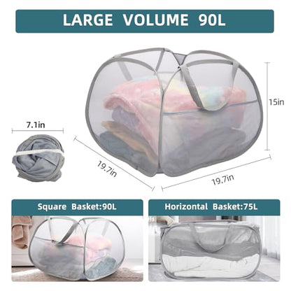 2 Pack Collapsible Laundry Baskets, 90L Large Foldable Laundry Basket, Durable Mesh Pop Up Hampers for Laundry, Dirty Clothes Laundry Hamper for Bedroom, Bathroom, Dorm, Laundry Room, Travel Grey - color: 2xGray