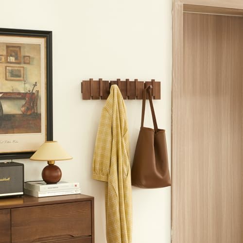 QUELLANCE Wood Coat Rack Wall Mount, Coat Hooks Hanger Wall Mounted, Heavy Duty Wall Coat Rack with 6 Hooks for Hanging Coats/Keys/Hats/Robe&Towels/Plants/Bags, Walnut - size: 6 Hooks