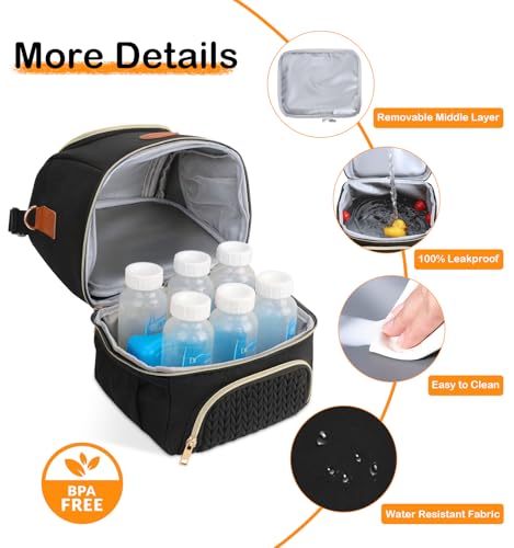 PIIOSER Breastmilk Cooler Bag with Ice Pack, Double Deck Insulated Baby Bottle Travel Bags with Shoulder Strap, Wearable Breast Pump Carry Bag for Nursing Moms Daycare, Work, Picnic(Black) - color: Black-2