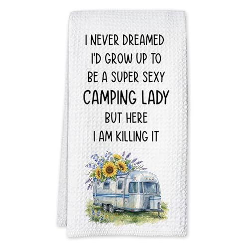 Camping Kitchen Towels 16x24 Waffle Weave, I Never Dreamed I’d Grow Up to Be a Super Sexy Camping Lady Dish Towels, Camp RV Gifts for Women, Gifts for Campers -A03 - color: Camping_03