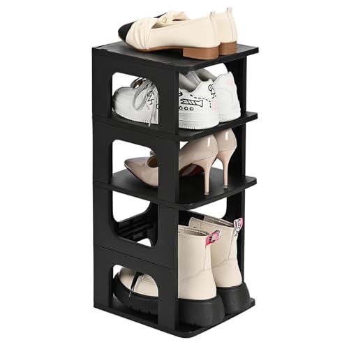 TRZZ 4-Tier Small Shoe Rack, Vertical Narrow Stackable Organizer with Removable Partition, Efficient Shoe Storage for Closet, Entryway, and Small Spaces (Black) - color: Black, size: 4-Tier-9.5"L