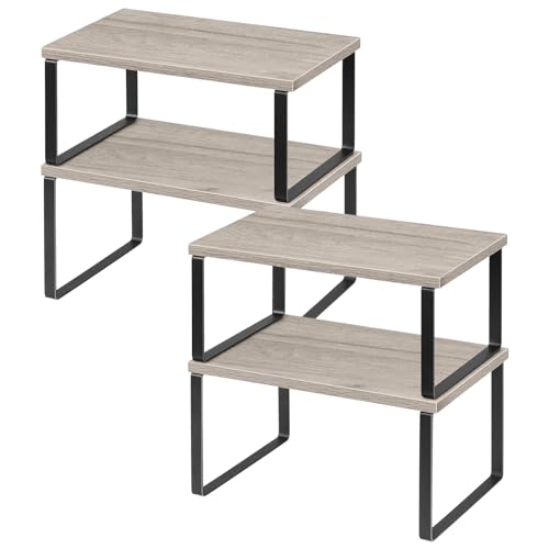 NEX Kitchen Cabinet and Counter Shelf Organizer, Shelf Riser for Pantry Countertop Cupboard Desk Top, Stackable & Expandable, Set of 4, Black and Greige - color: Black + Greige, size: 11.7''W