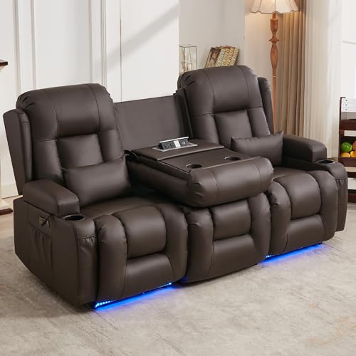 URRED Power Loveseat Recliner Sofa with Massage and Heat, Wall Hugger Reclining Loveseat with Console, RV Couch Home Theater Seating with LED Lights for Living Room (Dark Brown, 76.8" - 3 Seats) - color: Dark Brown, size: 76.8" - 3 Seats