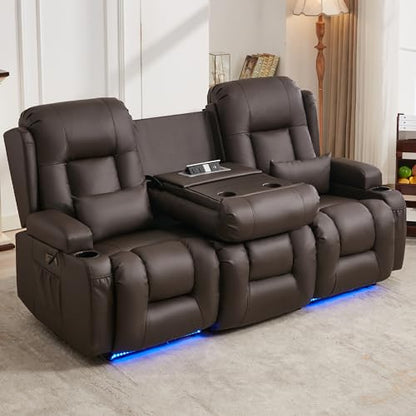 URRED Power Loveseat Recliner Sofa with Massage and Heat, Wall Hugger Reclining Loveseat with Console, RV Couch Home Theater Seating with LED Lights for Living Room (Dark Brown, 76.8" - 3 Seats) - color: Dark Brown, size: 76.8" - 3 Seats