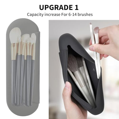 AGIKET 2 IN 1 Silicone Makeup Brush Holder with Beauty Make Up Sponge Holder Case：Soft Portable Cosmetic Face Brushes Holder with Upgrade Anti-Fall Out Magnetic Closure - Grey - color: Grey, style: Brush Holder & Case