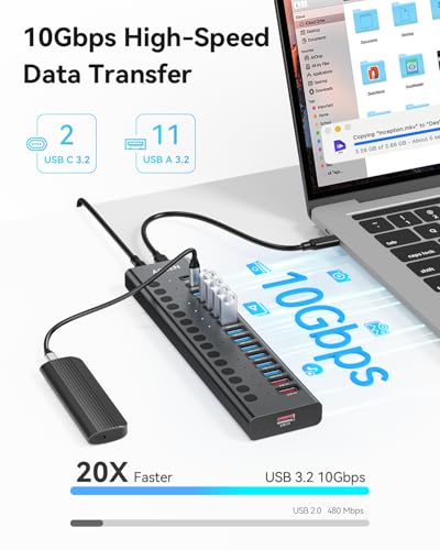 AGEEN 16-Port Powered USB 3.2 Hub-10Gbps SuperSpeed Data Splitter with 2 USB-C & 11 USB-A Ports, 3 x 24W QC 3.0 Fast Charging Ports, Individual On/Off Switches, 96W Power Adapter for Laptop, PC - size: 16-Port (10Gbps)