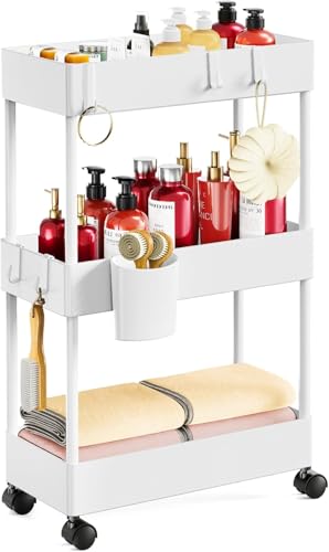 Pipishell Slim Storage Cart with Wheels, Bathroom Cart Organizer Storage Small, Rolling Carts for Bathroom, Laundry Room, Kitchen, Narrow Space, White PIUC04W - color: White, size: 3-Tier