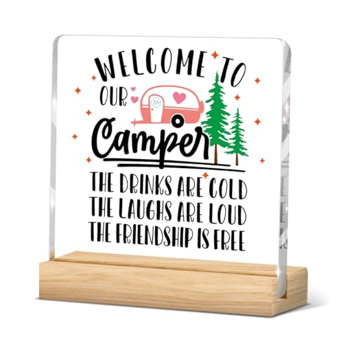 Funny Camper Decor Camper Accessories Camping Essentials Camping Gifts for Women Men Friends Desk Decor Office Home Kitchen Living Room Acrylic Plaque Decorative Sign for Rv Tabletop Shelf