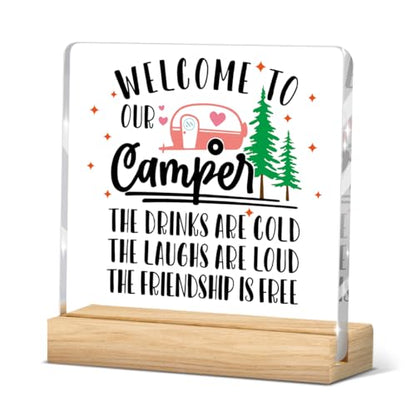 Funny Camper Decor Camper Accessories Camping Essentials Camping Gifts for Women Men Friends Desk Decor Office Home Kitchen Living Room Acrylic Plaque Decorative Sign for Rv Tabletop Shelf