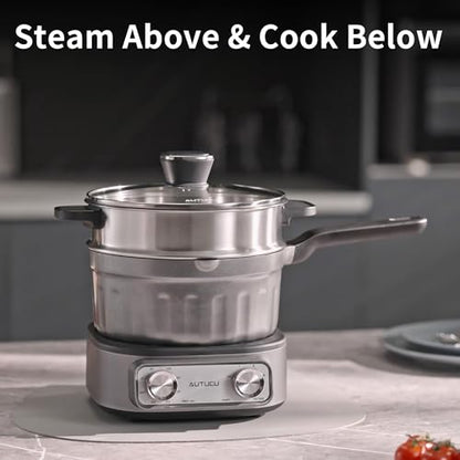 N73SNA Hot Pot Electric Nonstick, PFOA-Free Multi-Cooker 2.5 Quart Grill Steamer Set, Portable Hot Pot for Fried Rice, Oatmeal, Steak, Soup, Egg, Ramen with Power Adjustment - size: Long-Handle Pot