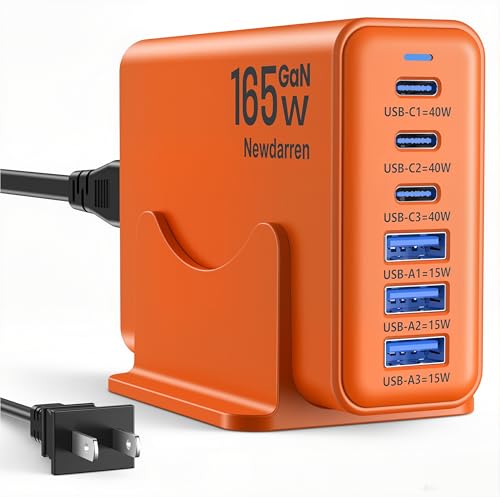 165W GaN USB C Charging Station, 6-Port Desktop Charger with 40W USB-C Fast Charging, Multiport Charging Hub for MacBook, iPhone 17/16/15, iPad, Samsung Galaxy, Tablets, Home Office Orange - color: Orange