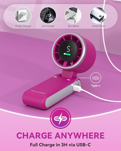 PlayHot Portable Handheld Turbo Fan, 5-Speed Personal Fan, USB-C Rechargeable Fan Up to 12 Hours, 3 IN 1 Hand Fan with Air Turbo Tech Cooling, Travel Fan for Cruise, Beach, Gifts for Women (Magenta) - color: Magenta