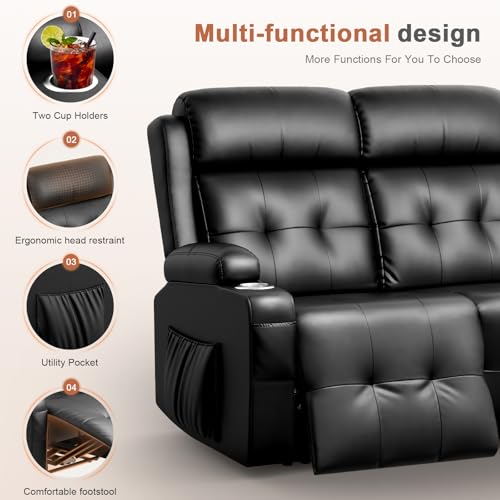 RV Loveseat Recliner Sofa, 3 Seat Wall Hugger Massage Reclining RV Couch with USB, Insert Pockets, Cup Holders, 150° RV Recliners Sleeper Sofa for RV Furniture & Home Theater Seating - color: Black, size: 3 Seat-G1