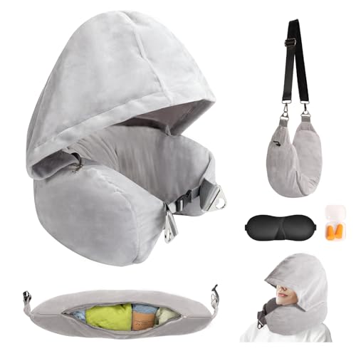 DreamShore Stuffable Neck Pillow for Travel with Hood - Adjustable Velvet Travel Pillow with Earplugs & Eye Mask, Ultimate Carry-On Travel Neck Pillow for Airplane, Travel Pillow for Extra Luggage - color: Grey-hooded