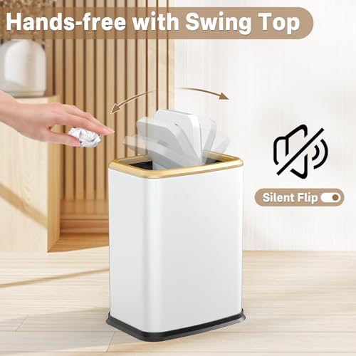 2.1 Gal Slim Bathroom Trash Can with Swing Lid, Rustproof Stainless Steel Small Garbage Can for Narrow Spaces & Toilet Side, Dog Proof Odor Control Waste Basket for Bedroom/Office, White - color: White