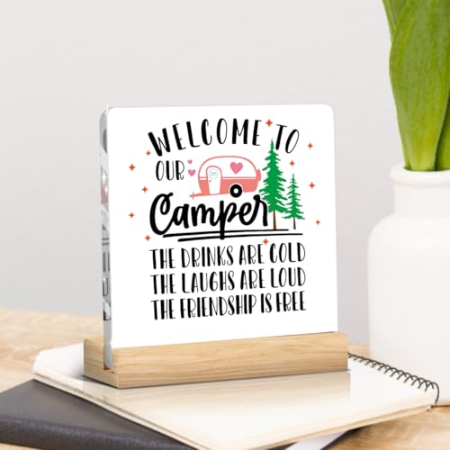 Funny Camper Decor Camper Accessories Camping Essentials Camping Gifts for Women Men Friends Desk Decor Office Home Kitchen Living Room Acrylic Plaque Decorative Sign for Rv Tabletop Shelf