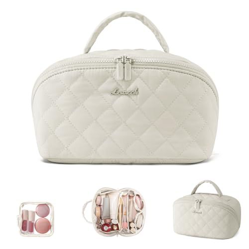LOVEVOOK Travel Makeup Bag for Women, 2Pcs Puffer Waterproof Cosmetic Organizer, Large Capacity Pouch Open Flat Small Toiletry Bag with Brush Compartment & Handle (Off-white, Medium) - color: Off-white, size: Medium