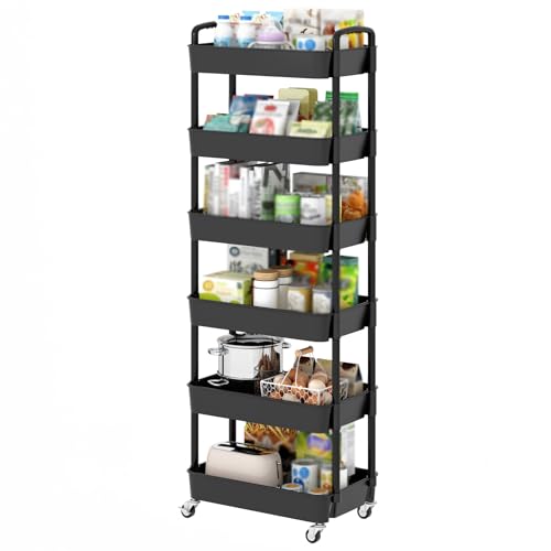Sywhitta 6-Tier Plastic Rolling Utility Cart with Handle, Multi-Functional Storage Trolley for Office, Living Room, Kitchen, Movable Storage Organizer with Wheels, Black - color: Black, size: 6-tier