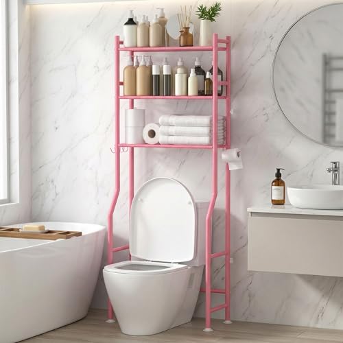 GloTika 3-Tier Over Toilet Storage with Anti-Tilt Safety System - 150lb Total Capacity Metal Bathroom Shelves Including Paper Holder & 4 Hooks, Space Saving Above Commode Organizer (64" H, Pink) - color: Pink, size: 3-Tier