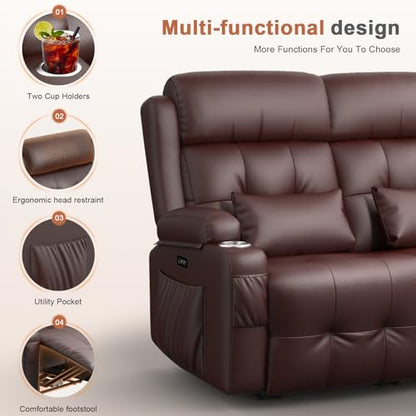 Power RV Loveseat Recliner Sofa, Reclining Loveseats Couch for RV Furniture, Home Theater Seating with Heat Massage, USB, Insert Pockets, Cup Holders, 150° Wall Hugger RV Recliners Sleeper Sofas - color: Brown, size: Loveseat-G1-Power
