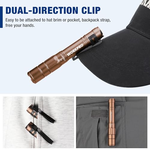 WORKPRO Rechargeable Pen Light, Mini Flashlight, 2 Pack Ultra-Compact EDC Flashlight, Pocket Flashlight with Clip, Memory Function and 2 x USB C Cable Included, Brown - color: Brown