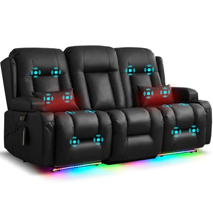 URRED Power Loveseat Recliner Sofa with Massage and Heat, Wall Hugger Reclining Loveseat with Console, RV Couch Home Theater Seating with LED Lights for Living Room (Black, 76.8" - 3 Seats) - color: Black, size: 76.8" - 3 Seats