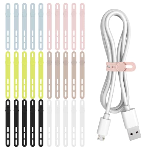 Donruby 30Pcs Silicone Cable Ties - Reusable & Washable with Adjustable Locking Buckles, High Elasticity Cable Management Straps for Home, Office, School, Travel Essential Cord Organizer (6 Colors) - color: Black/White/Pink/Blue/Khaki/Green