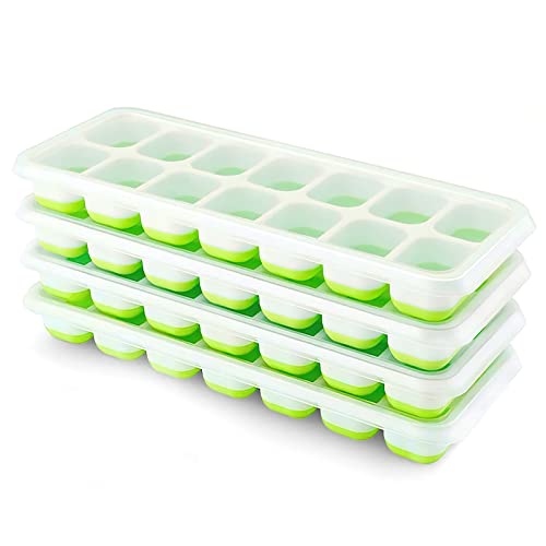 Ice Cube Trays 4 Pack, Airabc Silicone Ice Cube Trays with Removable Lid, Easy-Release Flexible 14-cube Ice Trays, LFGB Certified and BPA Free, Stackable Ice Trays with Covers for Cocktail, Freezer - color: Green