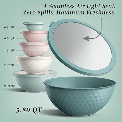 COOK WITH COLOR Mixing Bowls with Lids - 12 Piece Plastic Nesting Bowls Set includes 6 Prep Bowls and 6 Lids, Microwave Safe Mixing Bowl Set, Teal Embossed - color: Teal Embossed