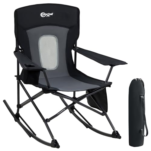 Portal Outdoor Rocking Chair Camping Folding Portable Rocker with Cup Holder Side Pocket Carry Bag, Support 350LBS (Mesh Black) - color: Black