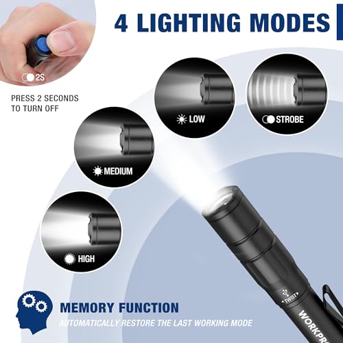 WORKPRO Rechargeable Pen Light, Mini Flashlight, 2 Pack Ultra-Compact EDC Flashlight, Pocket Flashlight with Clip, Memory Function and 2 x USB C Cable Included, Black - color: Black