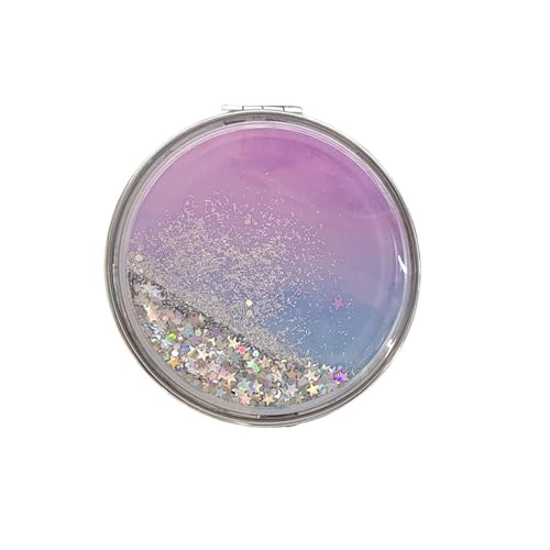HSYHERE Super Beautiful Dreamy Star Sky Quicksand Moving Sand Small Mini Mirror Double-Sided Portable Compact Round Glitter Foldable Hand Makeup Portable Travel Pocket Mirror -Pink Purple - color: Pink Purple