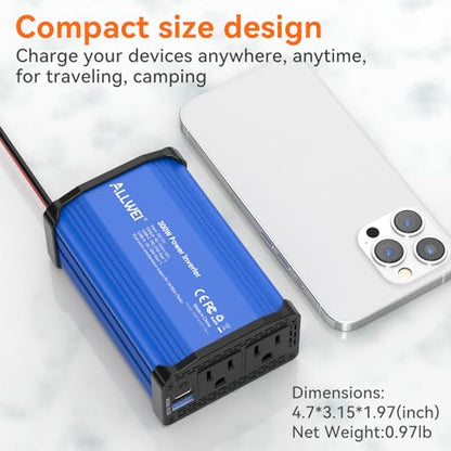 ALLWEI 300W Car Power Inverter, DC 12V to 110V AC Converter Car Plug Adapter Outlet with 27W PD USB-C & 18W USB-A Fast Charge, Car Cigarette Lighter Car Charger for Phone, Laptop on Road Trip -Blue - color: PD27W-Blue
