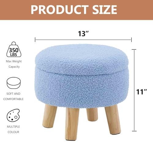 Wimarsbon Storage Ottoman, Modern Round Footrest with Soft Padded Seat, Teddy Velvet Footstool with Wood Legs, Accent Small Table or Plant Stand for Hallway, Living Room (Blue) - color: Blue