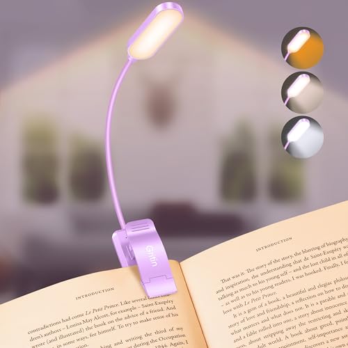 Gritin 16 LED Rechargeable Book Light for Reading in Bed- Eye Caring 3 Color Temperatures, Stepless Dimming Brightness, 80 Hrs Runtime, Lightweight Flexible Clip on Light for Book Lovers-Purple | Eye Caring 3 Color Temperatures, Stepless Dimming Brightnes