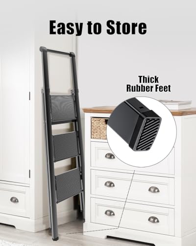 SOLADDER 3 Step Ladder, Slim Folding Steps Stool with Handrail, Iron Foldable Black Ladder with Anti-Slip Wide Pedal, for Home, Kitchen, Office, Garage Use (300 lbs Capacity) - color: Dark Black, size: 3 Step