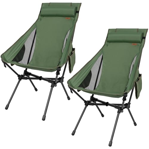 High Back Camping Chair for Adults, Folding Chair Supports 440 lbs, Lightweight Portable Backpacking Chair with Adjustable Pillow for Hiking & Camping - color: Green-2pack