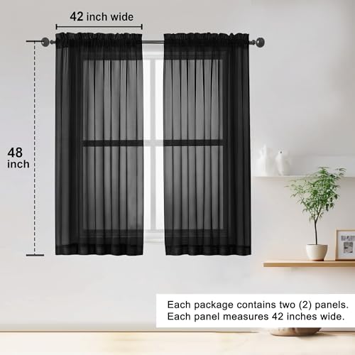 OWENIE Sheer Black Curtains 84 Inch Length 2 Panels Set for Living Room Bedroom, Rod Pocket Voile Sheer Panel Drapes, Black, 2pcs, Each 42" W x 48" L - color: Black, size: 42"W x 48"L (Pack of 2)